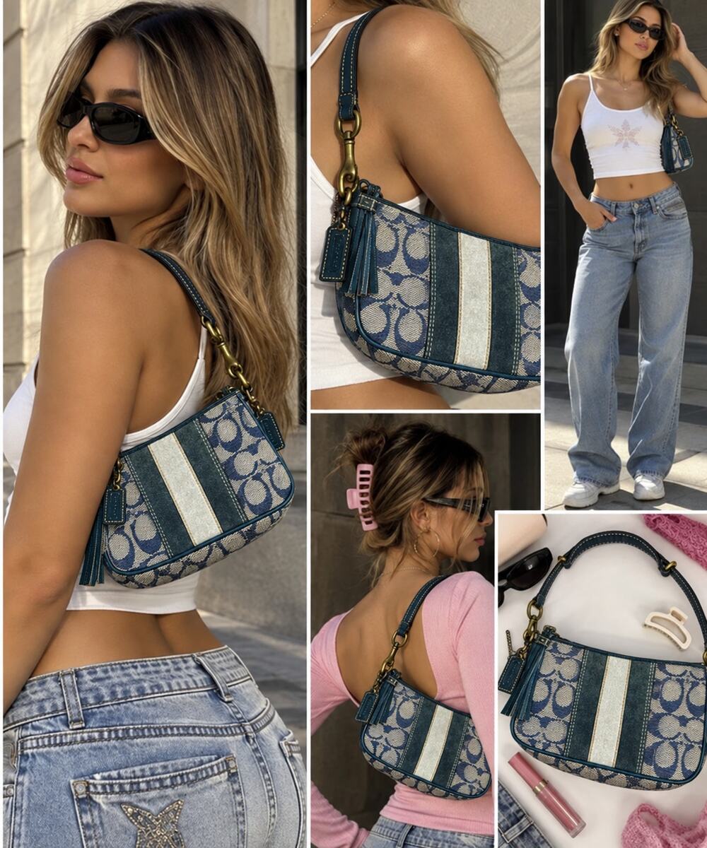 Coach Signature Denim Stripe Tassel Mini Bag 2182